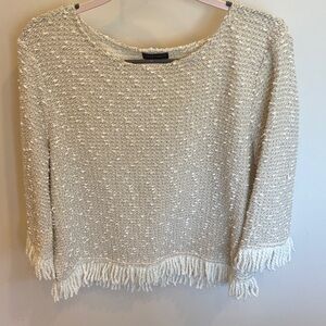 Vince Camuto Cream Textured Sweater with Fringe